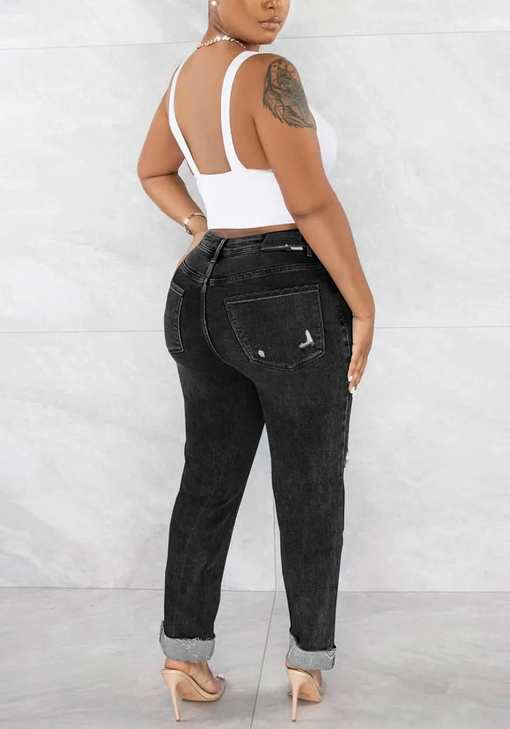 Lucuna Women's Ripped High Waisted Boyfriend Jeans Distressed Skinny Stretchy Denim Pants