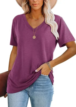 Lunivop Womens Tops Casual V Neck Short Sleeve Solid Color Basic T Shirt