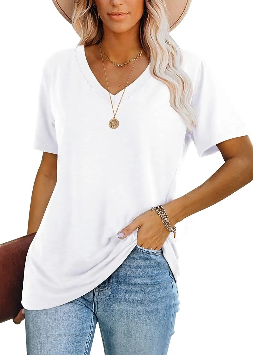 Lunivop Womens Tops Casual V Neck Short Sleeve Solid Color Basic T Shirt