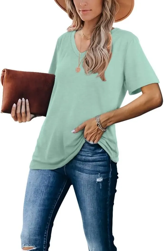 Lunivop Womens Tops Casual V Neck Short Sleeve Solid Color Basic T Shirt