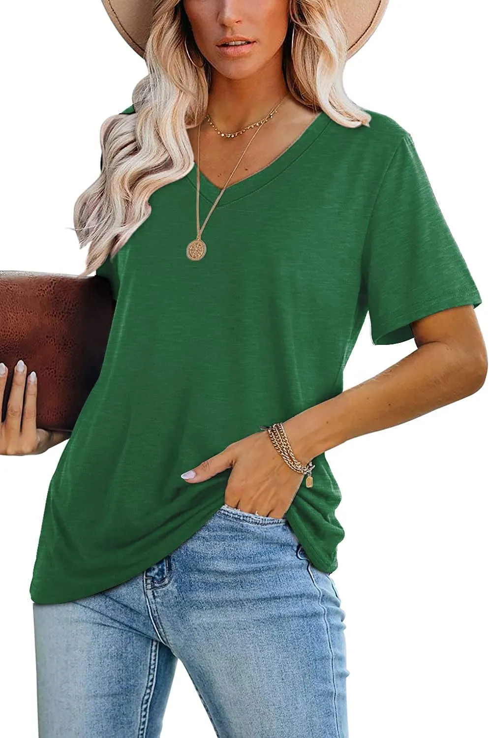 Lunivop Womens Tops Casual V Neck Short Sleeve Solid Color Basic T Shirt