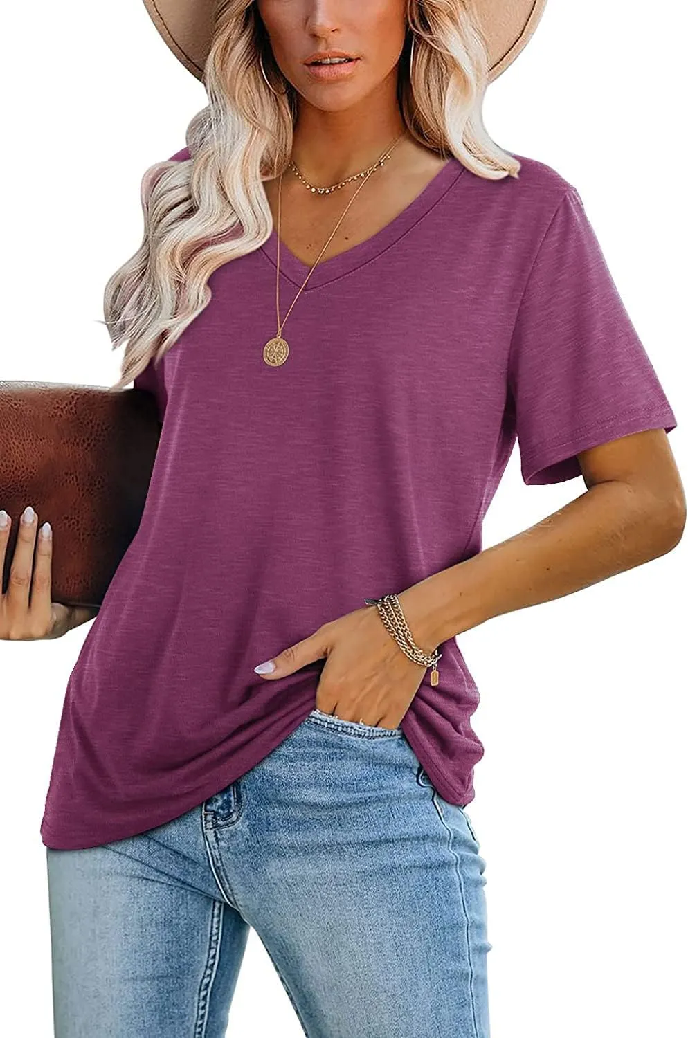 Lunivop Womens Tops Casual V Neck Short Sleeve Solid Color Basic T Shirt