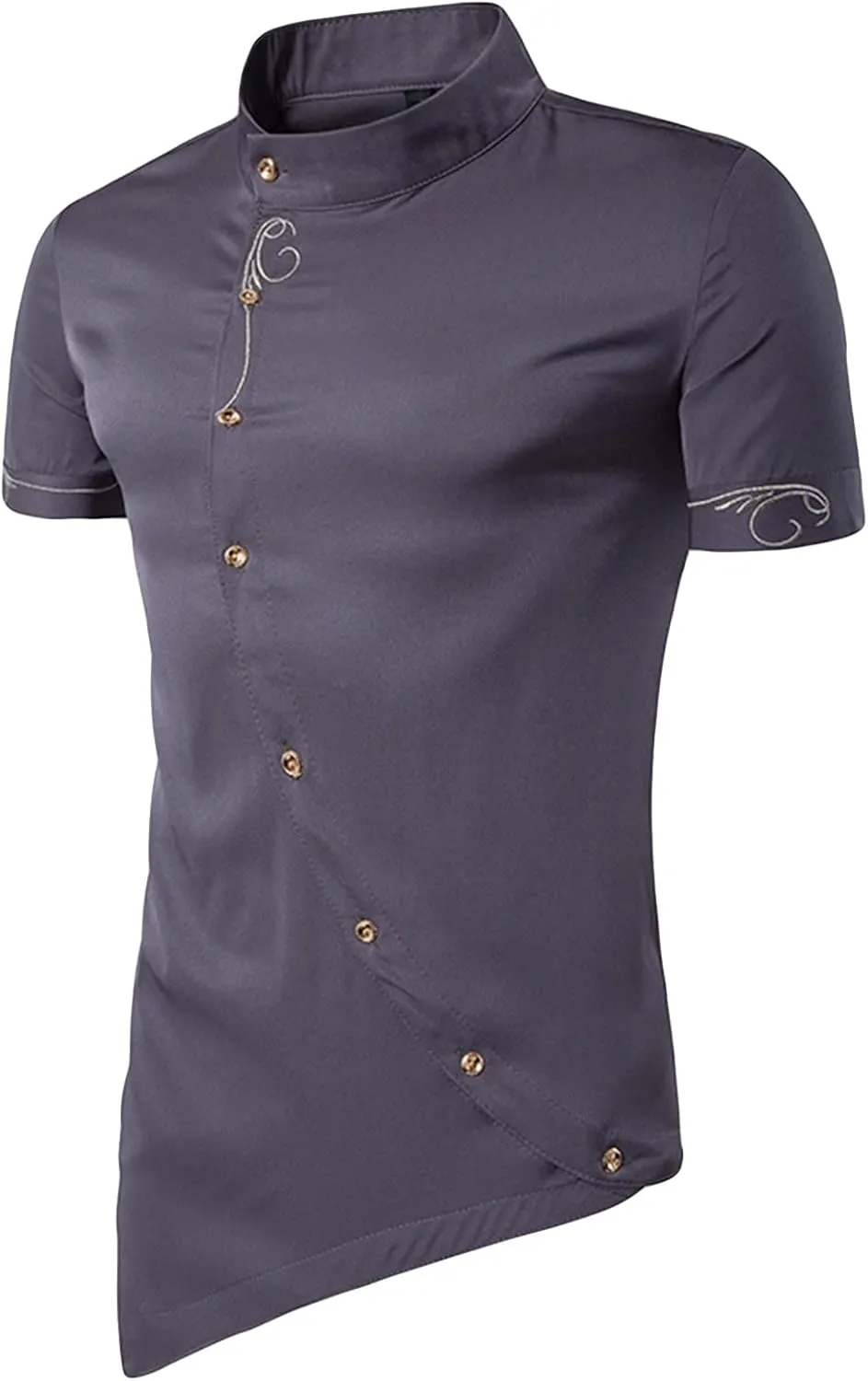 Maiyifu-GJ Mens Irregular Banded Collar Shirts Short Sleeve Muscle Embroidery Shirt Casual Button Down Slim Fit Dress Shirt