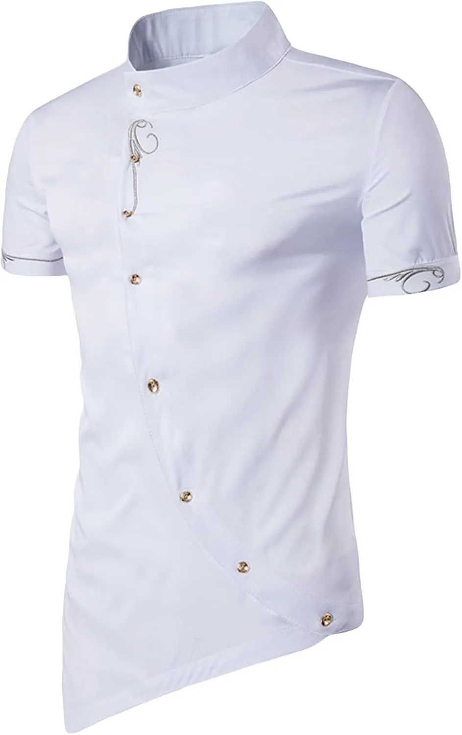 Maiyifu-GJ Mens Irregular Banded Collar Shirts Short Sleeve Muscle Embroidery Shirt Casual Button Down Slim Fit Dress Shirt