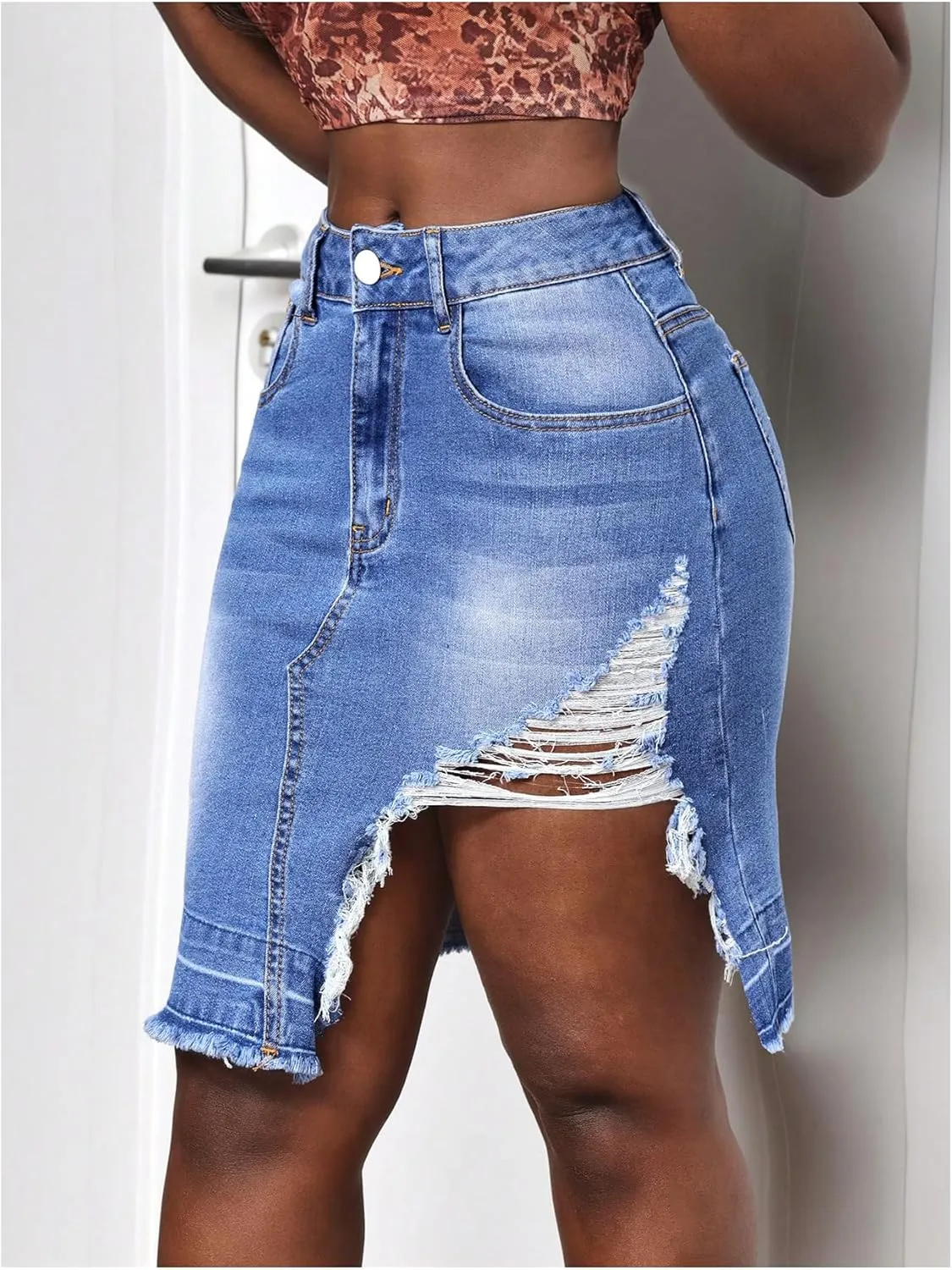 MakeMeChic Women's Asymmetrical Distressed Trim Bodycon Summer Mini Denim Skirts