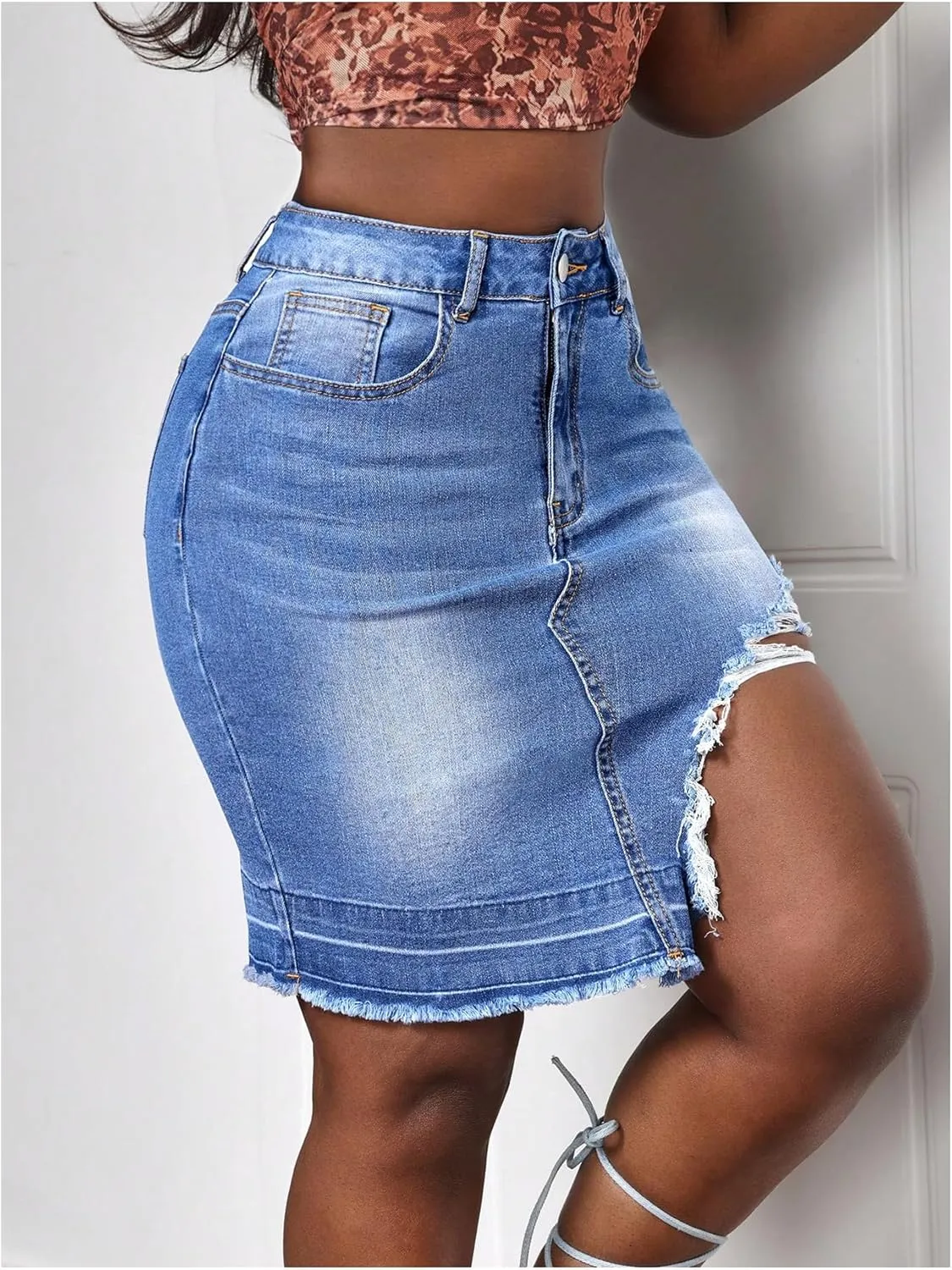 MakeMeChic Women's Asymmetrical Distressed Trim Bodycon Summer Mini Denim Skirts