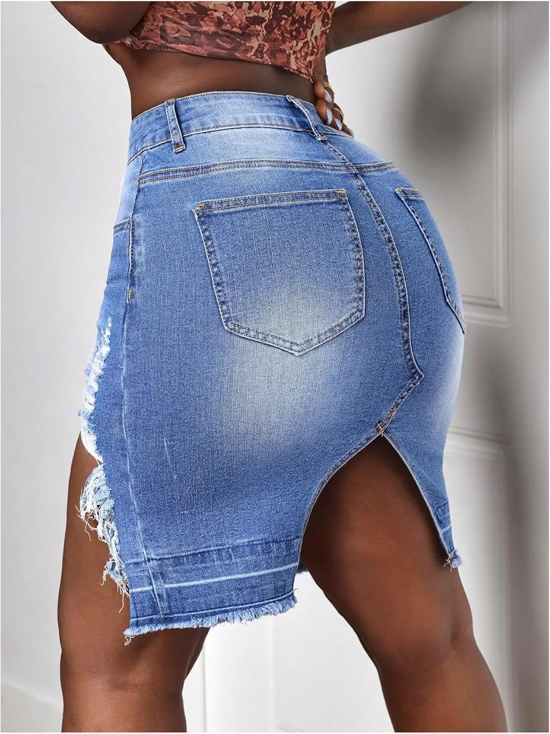 MakeMeChic Women's Asymmetrical Distressed Trim Bodycon Summer Mini Denim Skirts