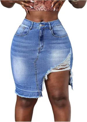 MakeMeChic Women's Asymmetrical Distressed Trim Bodycon Summer Mini Denim Skirts