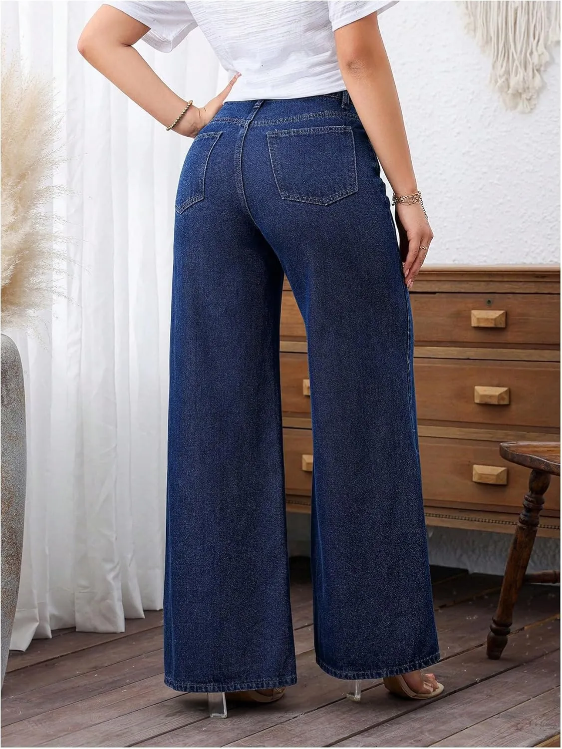 MakeMeChic Women's Wide Leg Jeans Straight Long Denim Pants Trousers with Pocket