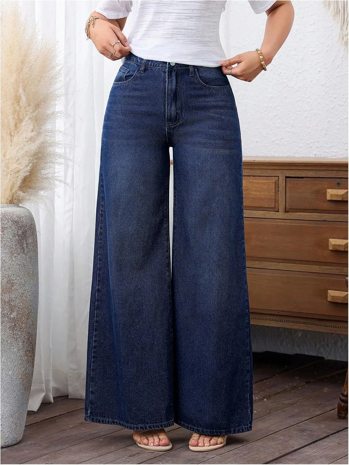 MakeMeChic Women's Wide Leg Jeans Straight Long Denim Pants Trousers with Pocket