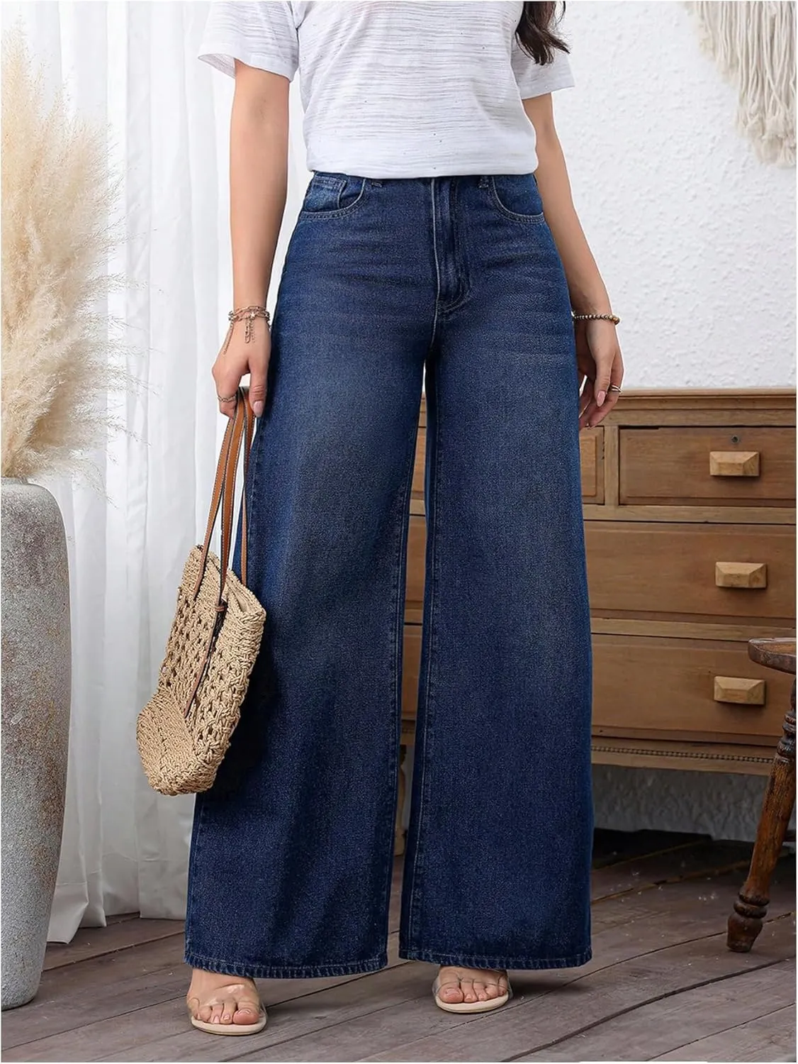 MakeMeChic Women's Wide Leg Jeans Straight Long Denim Pants Trousers with Pocket