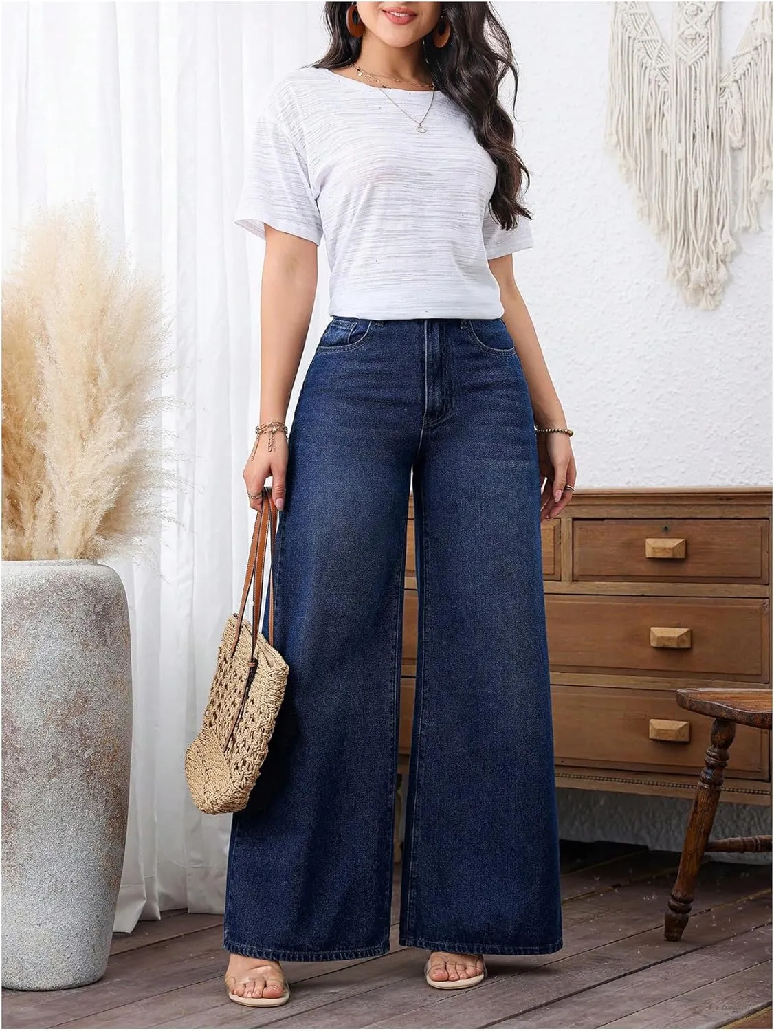 MakeMeChic Women's Wide Leg Jeans Straight Long Denim Pants Trousers with Pocket