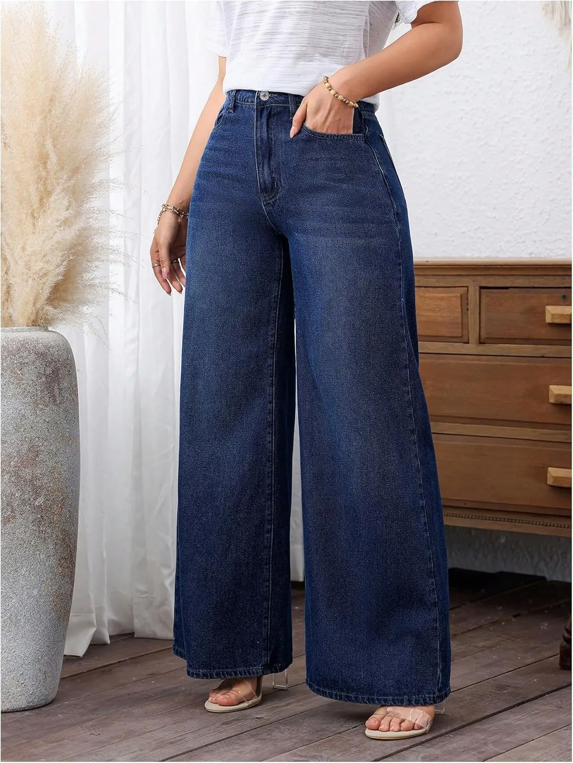 MakeMeChic Women's Wide Leg Jeans Straight Long Denim Pants Trousers with Pocket