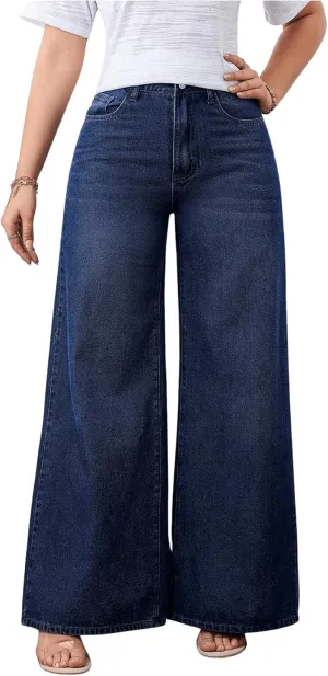 MakeMeChic Women's Wide Leg Jeans Straight Long Denim Pants Trousers with Pocket