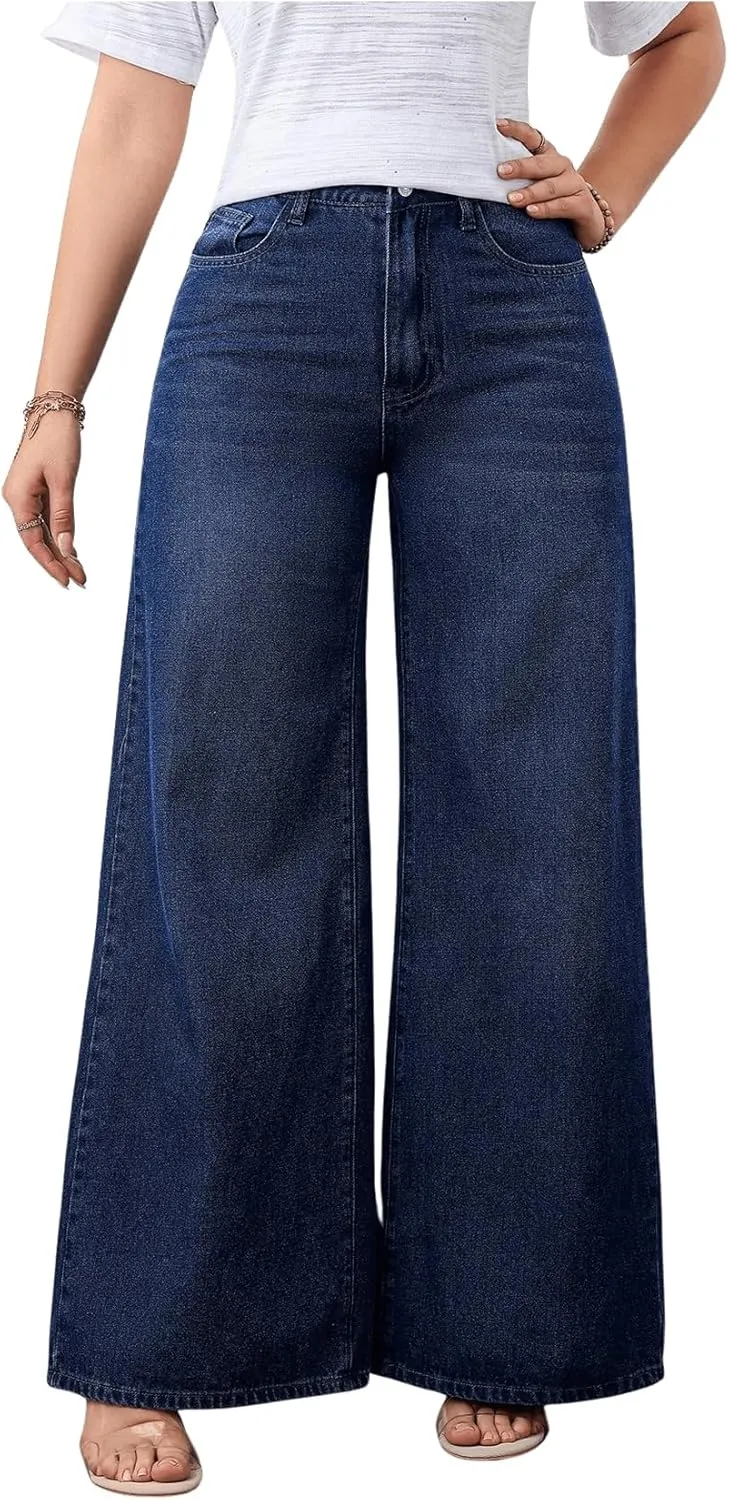 MakeMeChic Women's Wide Leg Jeans Straight Long Denim Pants Trousers with Pocket
