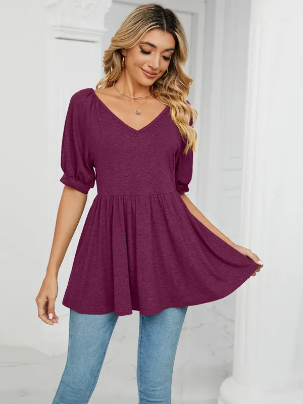 Maricela Women's Spring And Summer New V-Neck Bubble Short-Sleeved T-Shirt Tunic Top Women