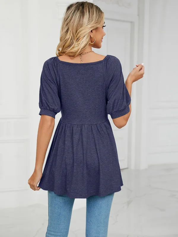 Maricela Women's Spring And Summer New V-Neck Bubble Short-Sleeved T-Shirt Tunic Top Women