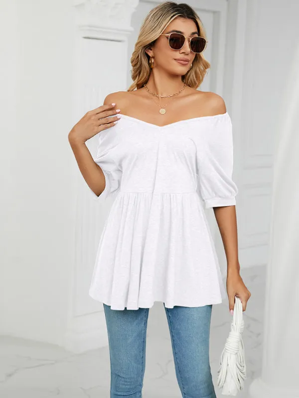 Maricela Women's Spring And Summer New V-Neck Bubble Short-Sleeved T-Shirt Tunic Top Women