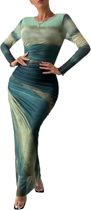 MARZXIN Womens Long Sleeve Maxi Dress Bodycon Ruched Natural Slim Fit Tie Dye Dress Cocktail Dresses Mesh Dress