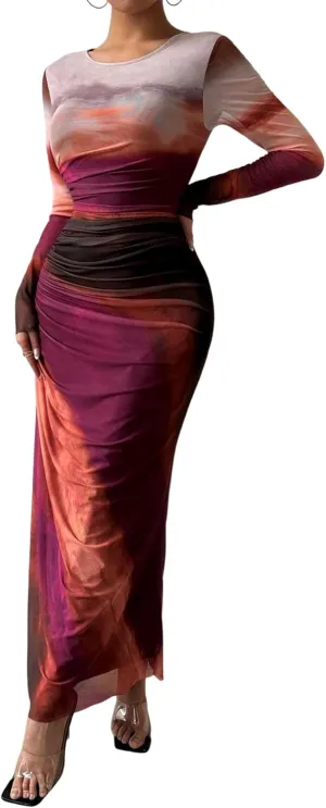 MARZXIN Womens Long Sleeve Maxi Dress Bodycon Ruched Natural Slim Fit Tie Dye Dress Cocktail Dresses Mesh Dress