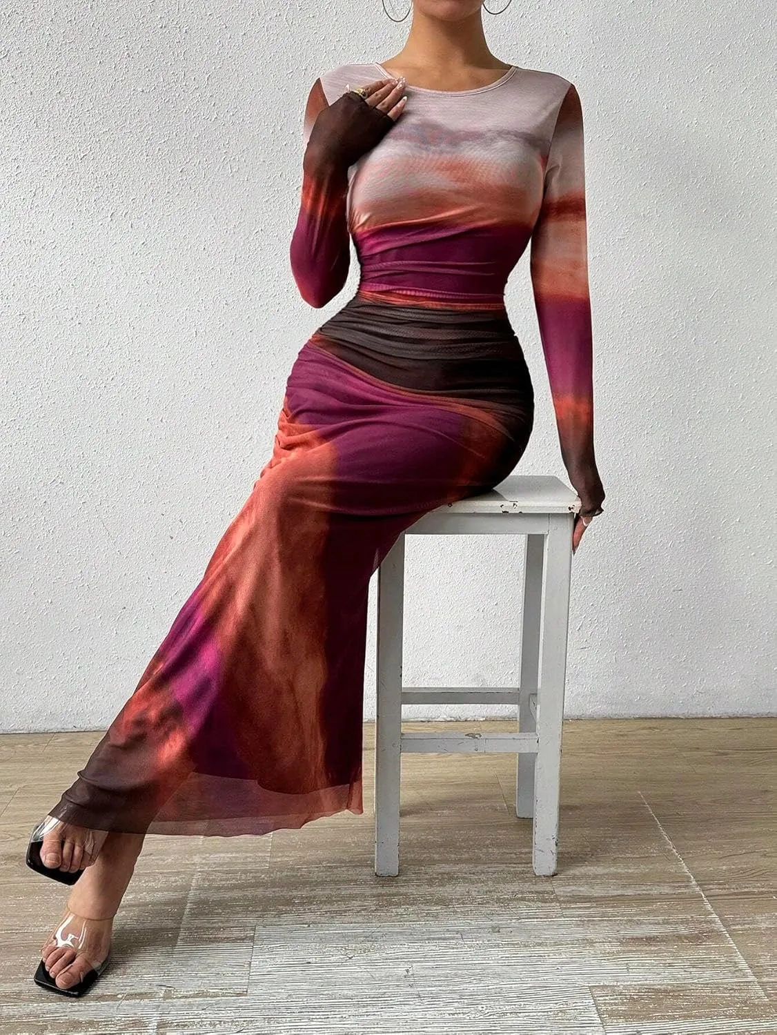 MARZXIN Womens Long Sleeve Maxi Dress Bodycon Ruched Natural Slim Fit Tie Dye Dress Cocktail Dresses Mesh Dress