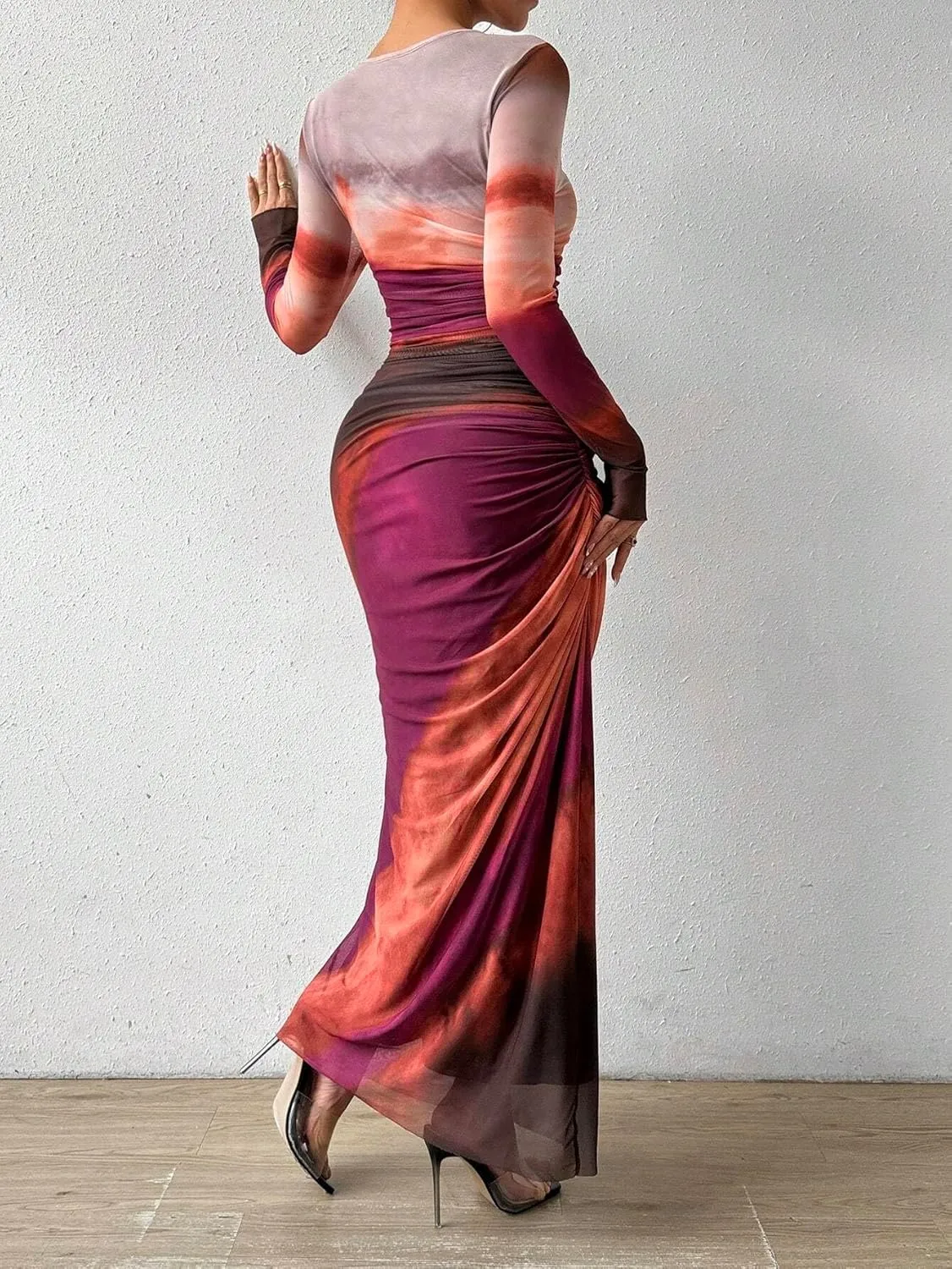 MARZXIN Womens Long Sleeve Maxi Dress Bodycon Ruched Natural Slim Fit Tie Dye Dress Cocktail Dresses Mesh Dress