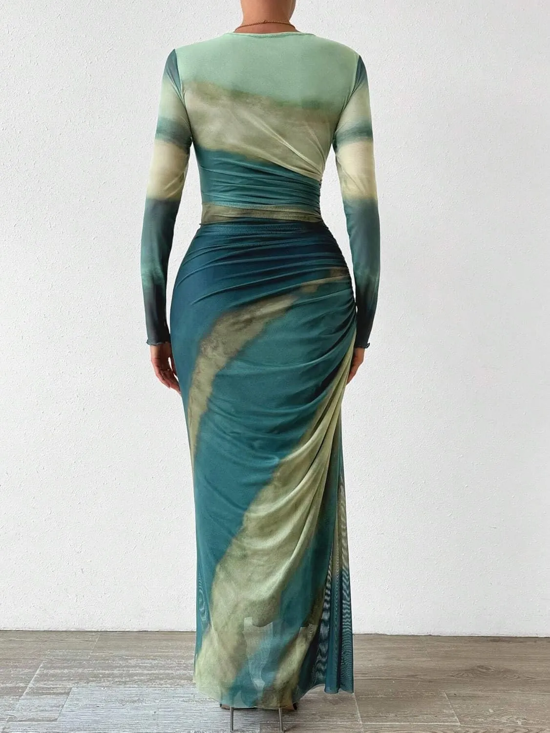 MARZXIN Womens Long Sleeve Maxi Dress Bodycon Ruched Natural Slim Fit Tie Dye Dress Cocktail Dresses Mesh Dress