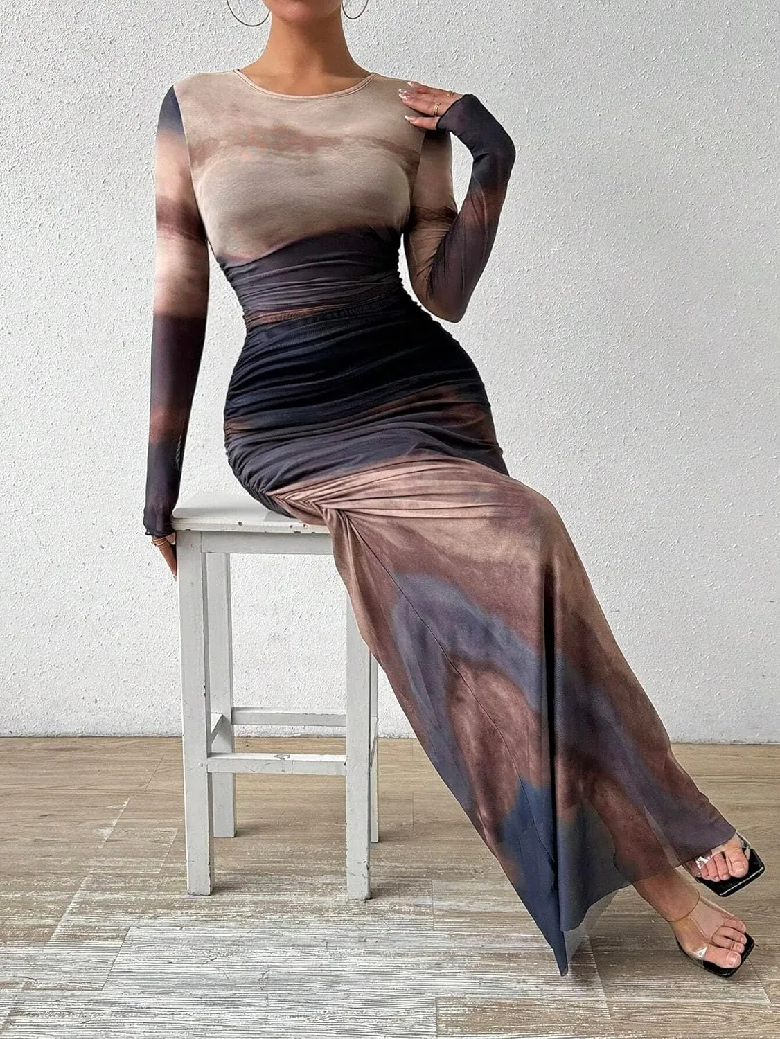 MARZXIN Womens Long Sleeve Maxi Dress Bodycon Ruched Natural Slim Fit Tie Dye Dress Cocktail Dresses Mesh Dress