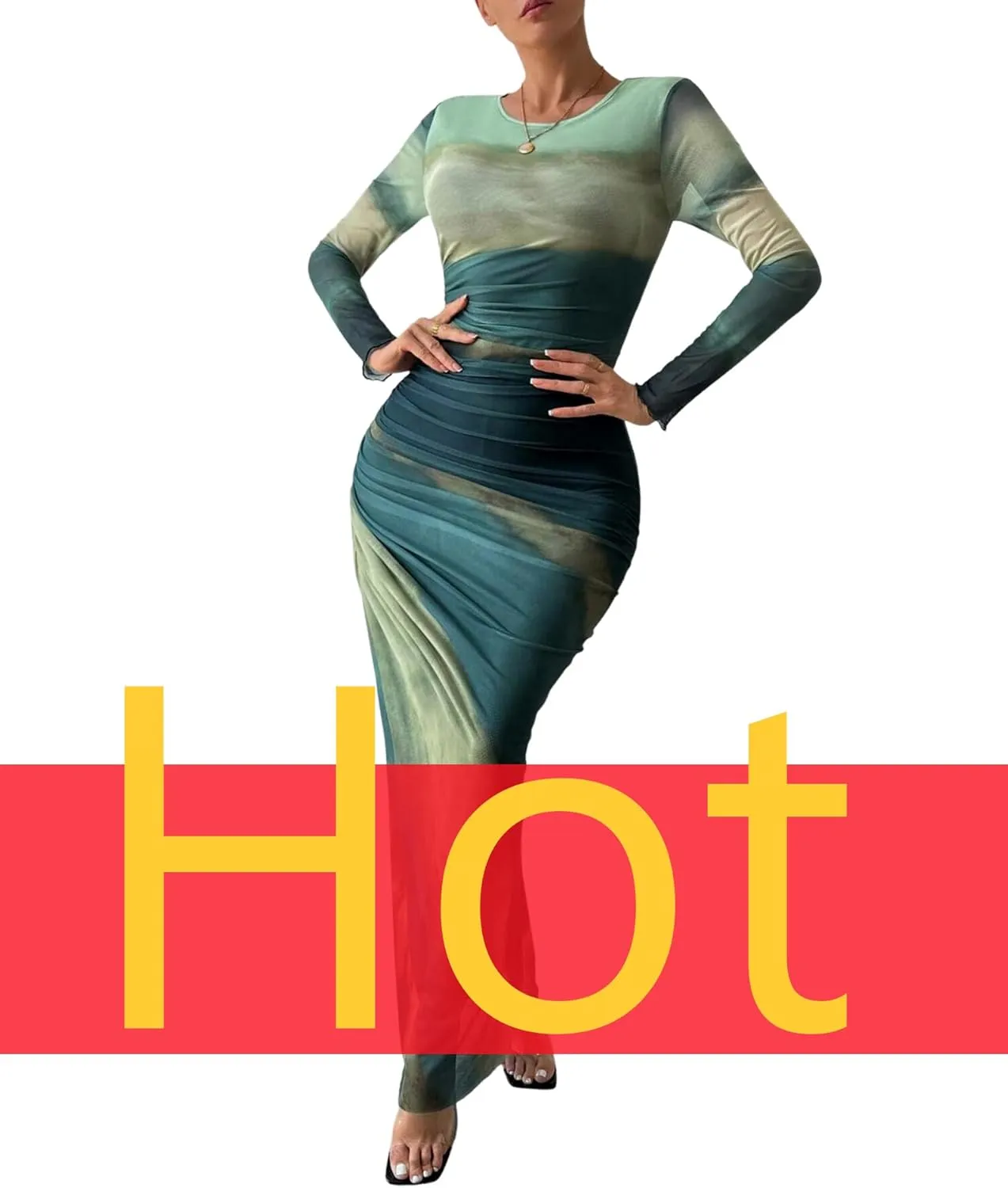 MARZXIN Womens Long Sleeve Maxi Dress Bodycon Ruched Natural Slim Fit Tie Dye Dress Cocktail Dresses Mesh Dress