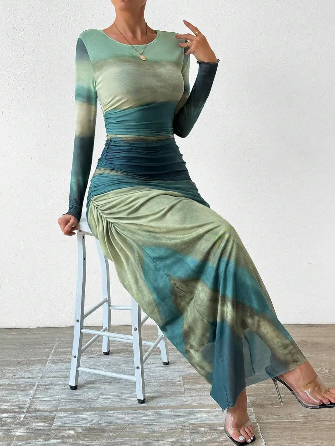 MARZXIN Womens Long Sleeve Maxi Dress Bodycon Ruched Natural Slim Fit Tie Dye Dress Cocktail Dresses Mesh Dress