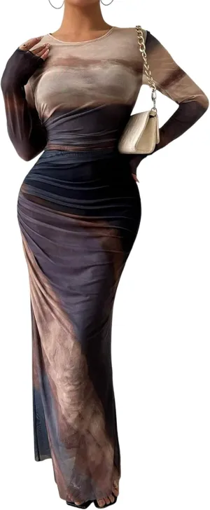 MARZXIN Womens Long Sleeve Maxi Dress Bodycon Ruched Natural Slim Fit Tie Dye Dress Cocktail Dresses Mesh Dress
