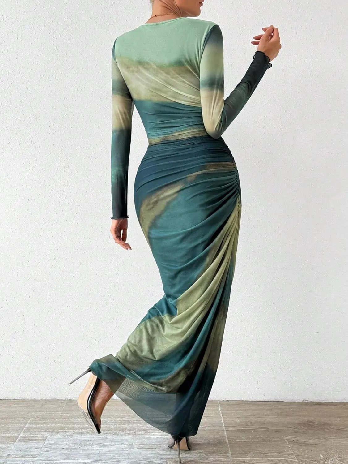 MARZXIN Womens Long Sleeve Maxi Dress Bodycon Ruched Natural Slim Fit Tie Dye Dress Cocktail Dresses Mesh Dress