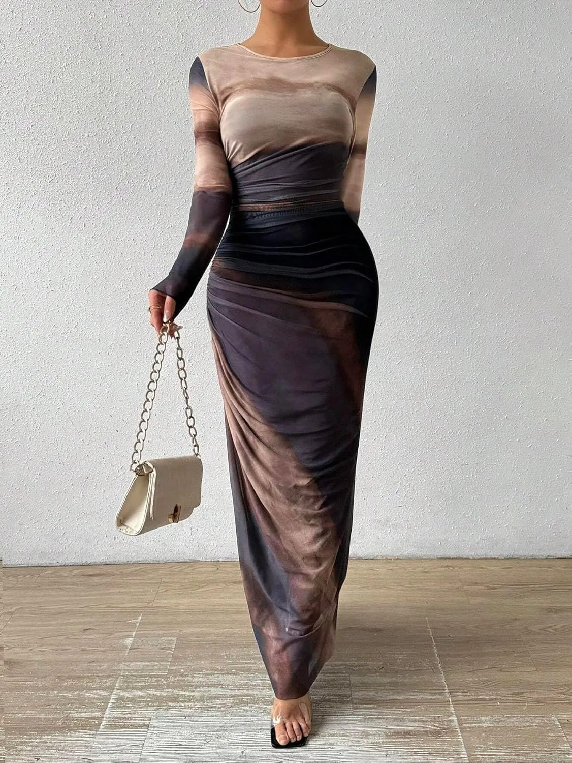 MARZXIN Womens Long Sleeve Maxi Dress Bodycon Ruched Natural Slim Fit Tie Dye Dress Cocktail Dresses Mesh Dress