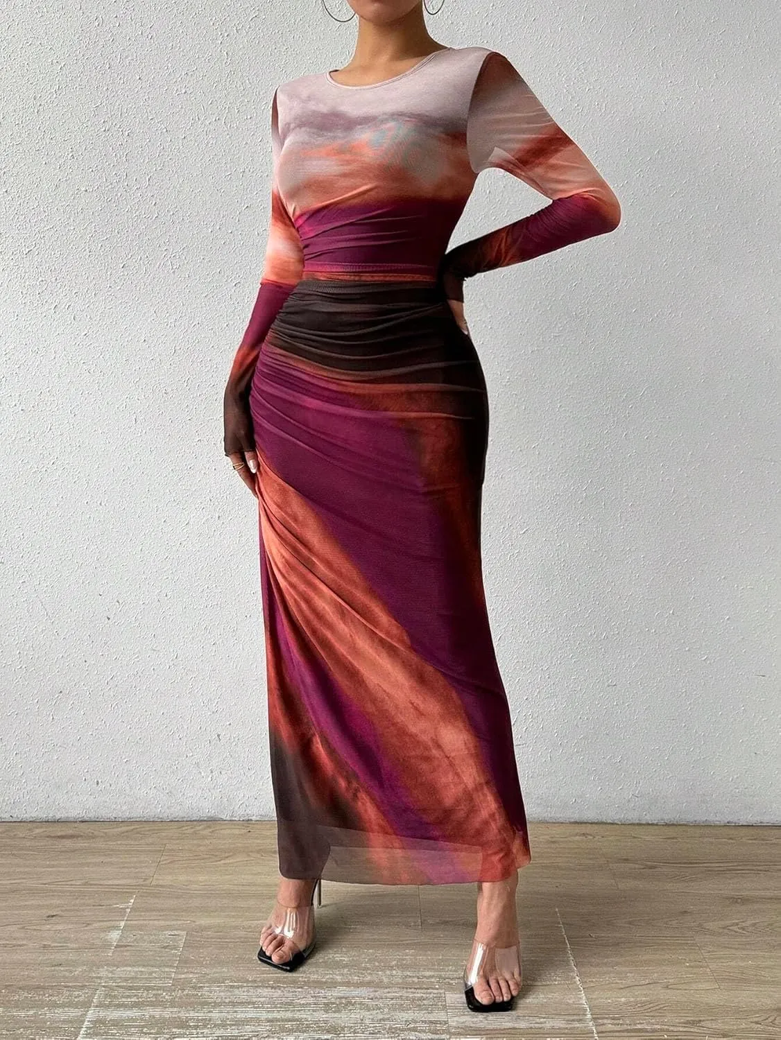 MARZXIN Womens Long Sleeve Maxi Dress Bodycon Ruched Natural Slim Fit Tie Dye Dress Cocktail Dresses Mesh Dress