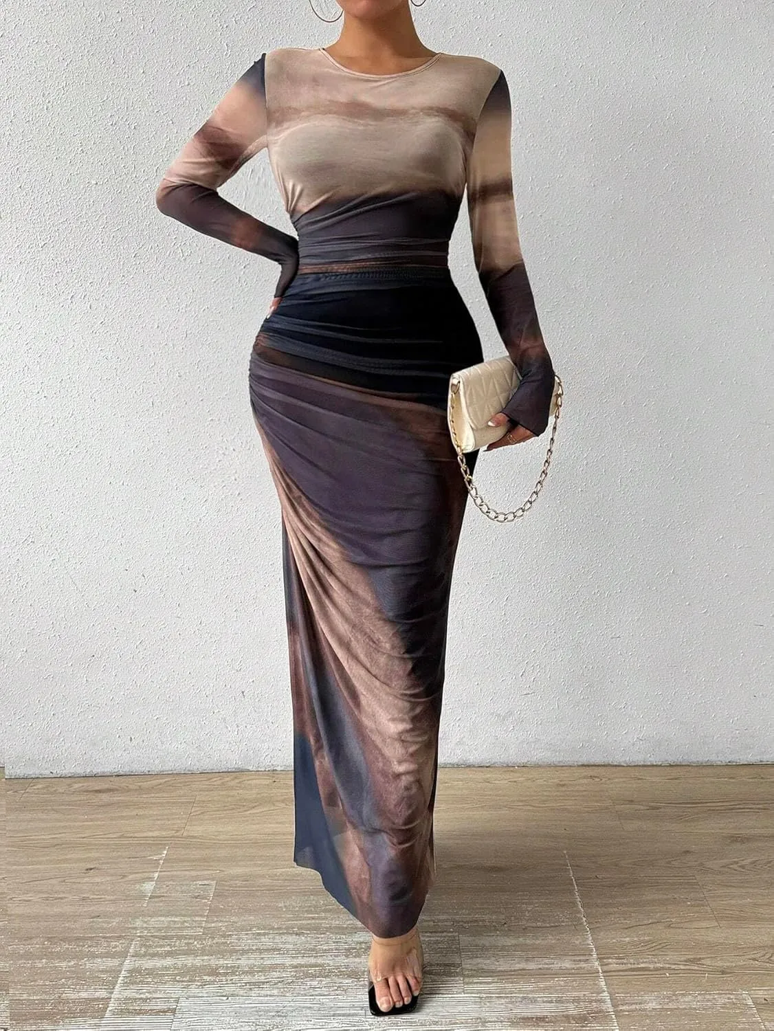 MARZXIN Womens Long Sleeve Maxi Dress Bodycon Ruched Natural Slim Fit Tie Dye Dress Cocktail Dresses Mesh Dress