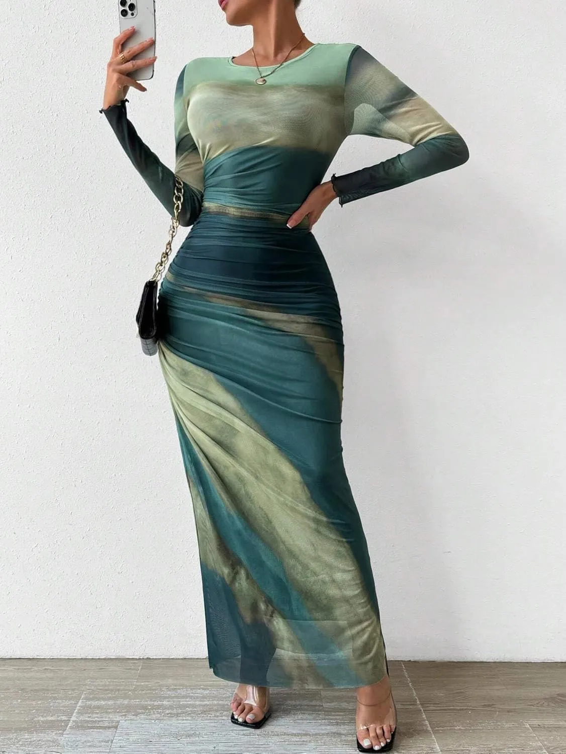 MARZXIN Womens Long Sleeve Maxi Dress Bodycon Ruched Natural Slim Fit Tie Dye Dress Cocktail Dresses Mesh Dress