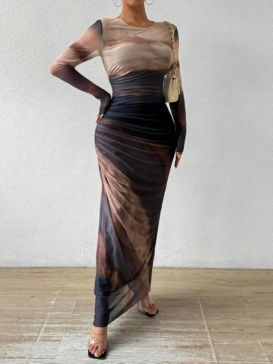 MARZXIN Womens Long Sleeve Maxi Dress Bodycon Ruched Natural Slim Fit Tie Dye Dress Cocktail Dresses Mesh Dress