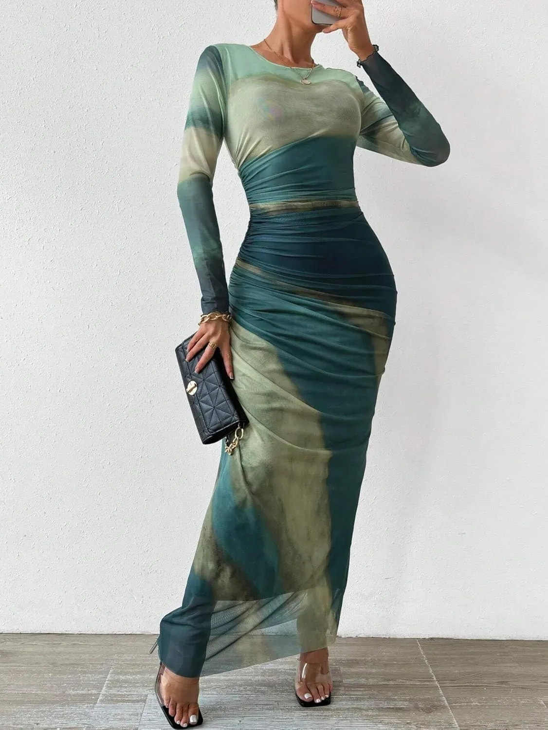 MARZXIN Womens Long Sleeve Maxi Dress Bodycon Ruched Natural Slim Fit Tie Dye Dress Cocktail Dresses Mesh Dress