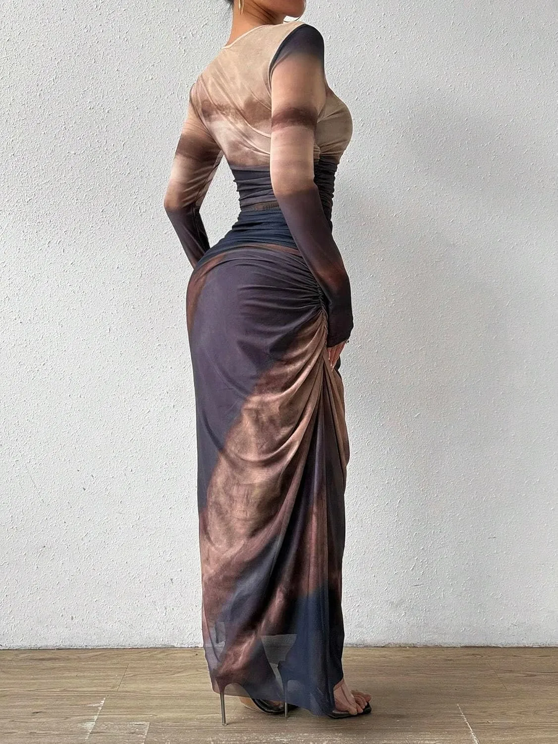 MARZXIN Womens Long Sleeve Maxi Dress Bodycon Ruched Natural Slim Fit Tie Dye Dress Cocktail Dresses Mesh Dress