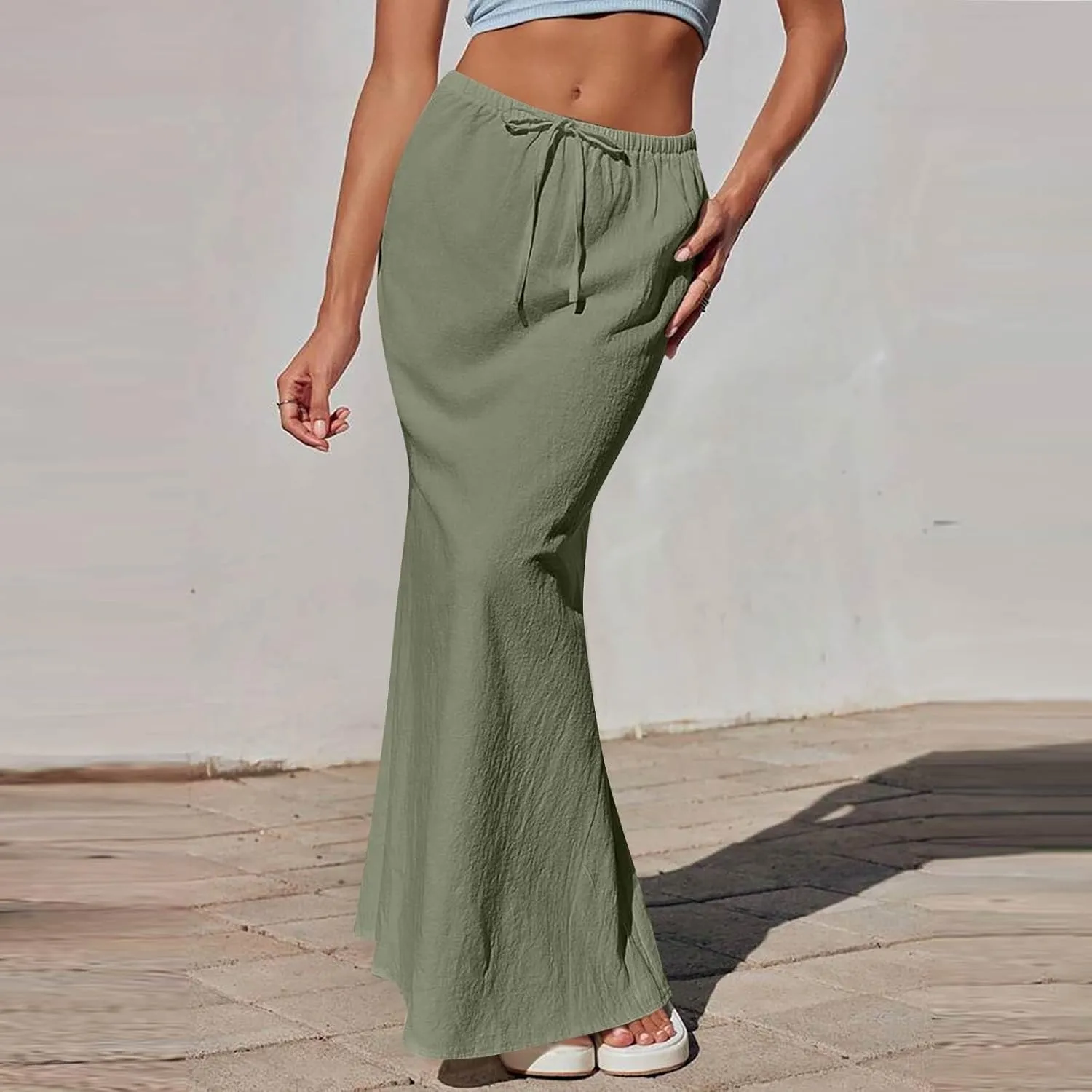 Maxi Linen Flare Skirts for Women Trendy Summer with Slit Drawstring Elastic Waist Low Rise Long Flowy A Line Skorts