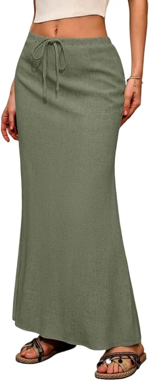 Maxi Linen Flare Skirts for Women Trendy Summer with Slit Drawstring Elastic Waist Low Rise Long Flowy A Line Skorts