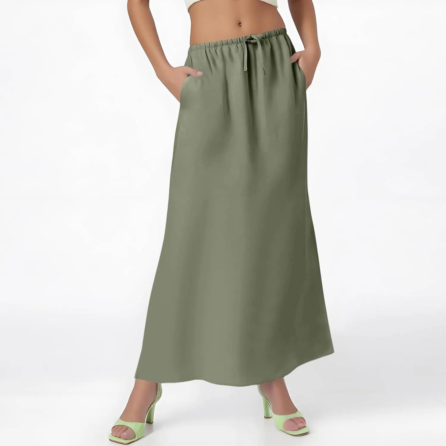 Maxi Linen Flare Skirts for Women Trendy Summer with Slit Drawstring Elastic Waist Low Rise Long Flowy A Line Skorts