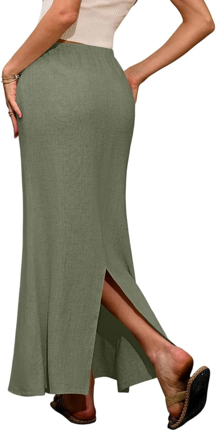 Maxi Linen Flare Skirts for Women Trendy Summer with Slit Drawstring Elastic Waist Low Rise Long Flowy A Line Skorts