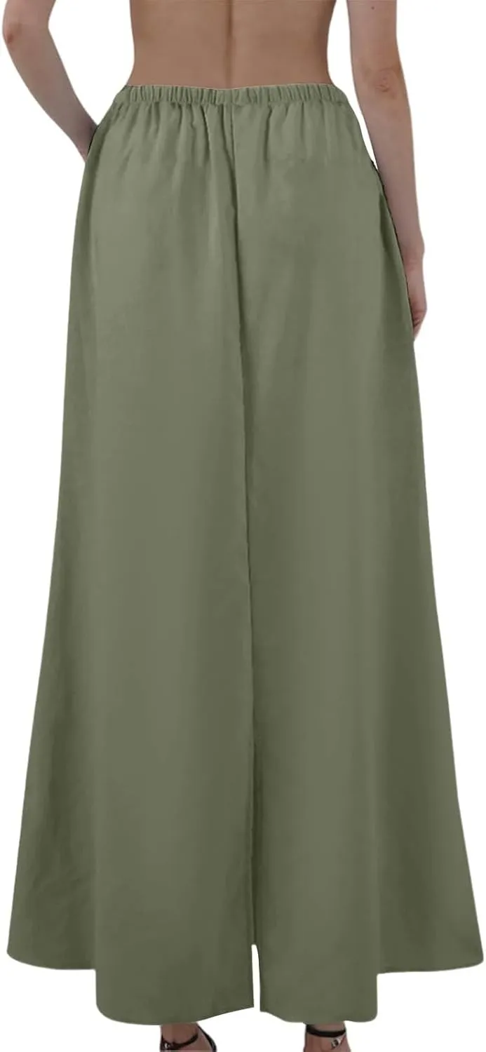 Maxi Linen Flare Skirts for Women Trendy Summer with Slit Drawstring Elastic Waist Low Rise Long Flowy A Line Skorts