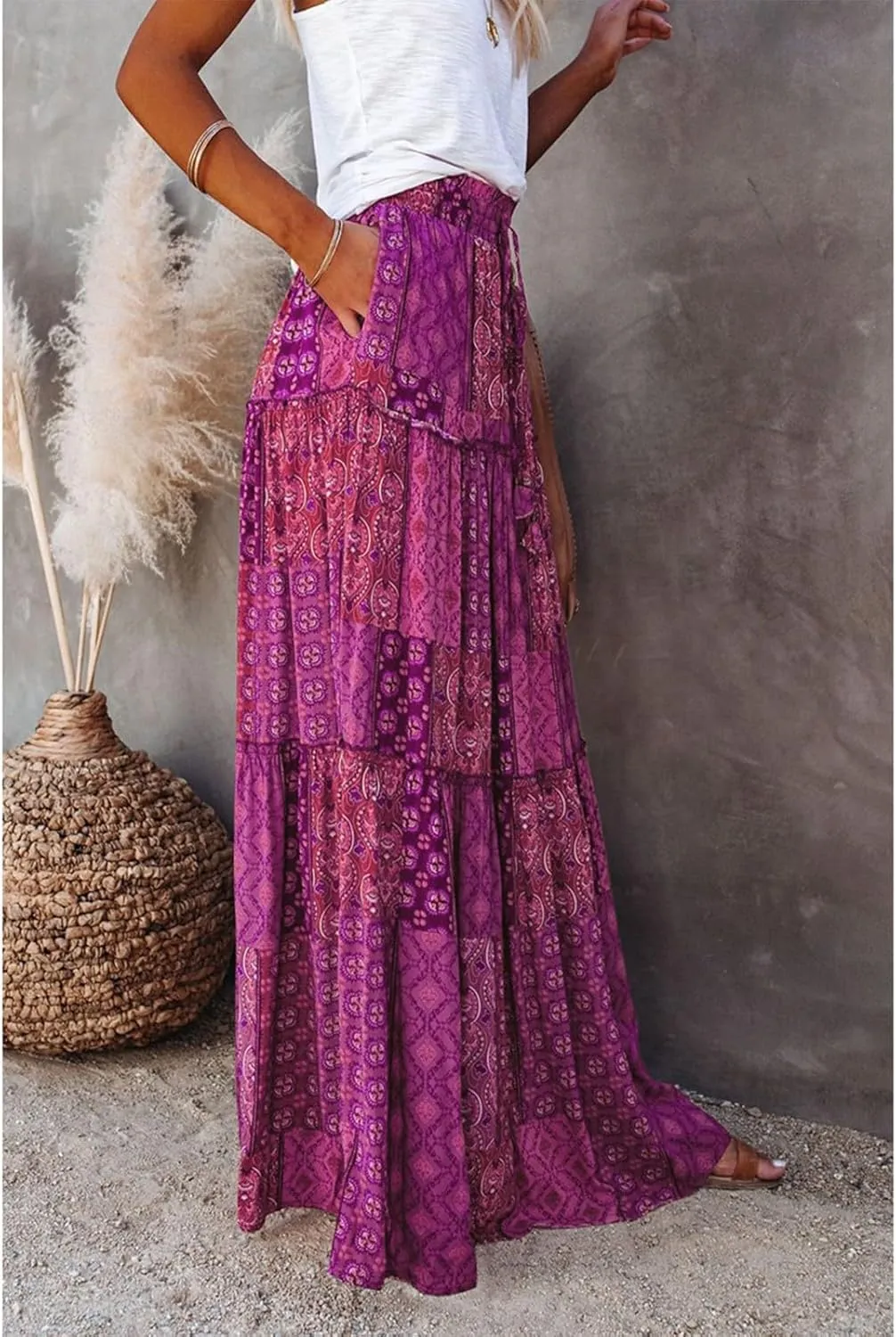 Maxi Skirts for Women,Elastic High Waisted Drawstring Ruffle Hem Bohemian Flowy Skirts Trendy 2025 Summer Vacation