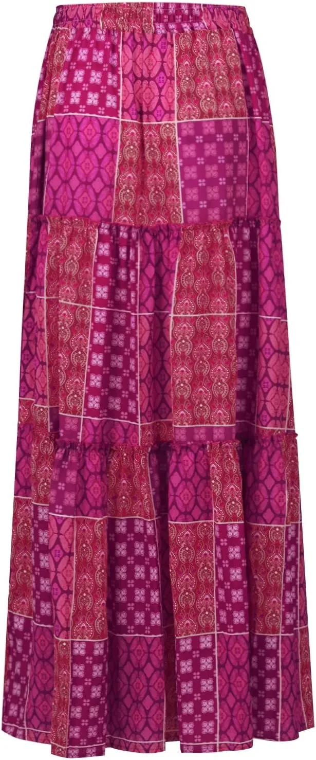 Maxi Skirts for Women,Elastic High Waisted Drawstring Ruffle Hem Bohemian Flowy Skirts Trendy 2025 Summer Vacation