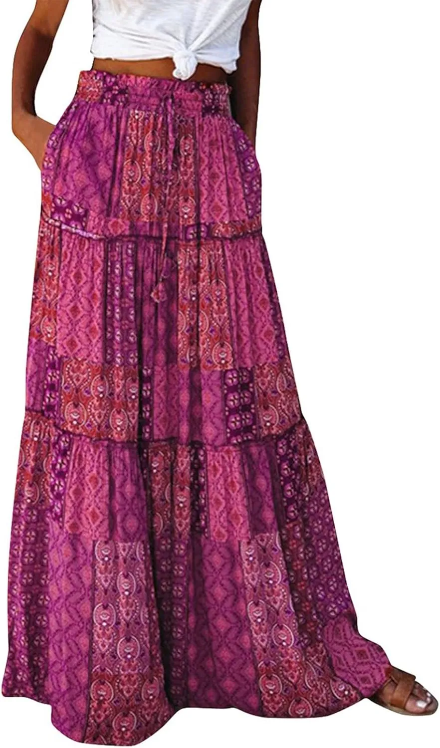 Maxi Skirts for Women,Elastic High Waisted Drawstring Ruffle Hem Bohemian Flowy Skirts Trendy 2025 Summer Vacation