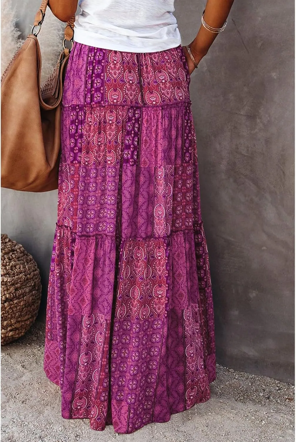 Maxi Skirts for Women,Elastic High Waisted Drawstring Ruffle Hem Bohemian Flowy Skirts Trendy 2025 Summer Vacation