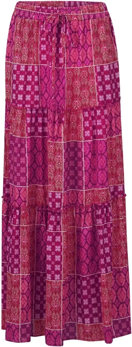 Maxi Skirts for Women,Elastic High Waisted Drawstring Ruffle Hem Bohemian Flowy Skirts Trendy 2025 Summer Vacation