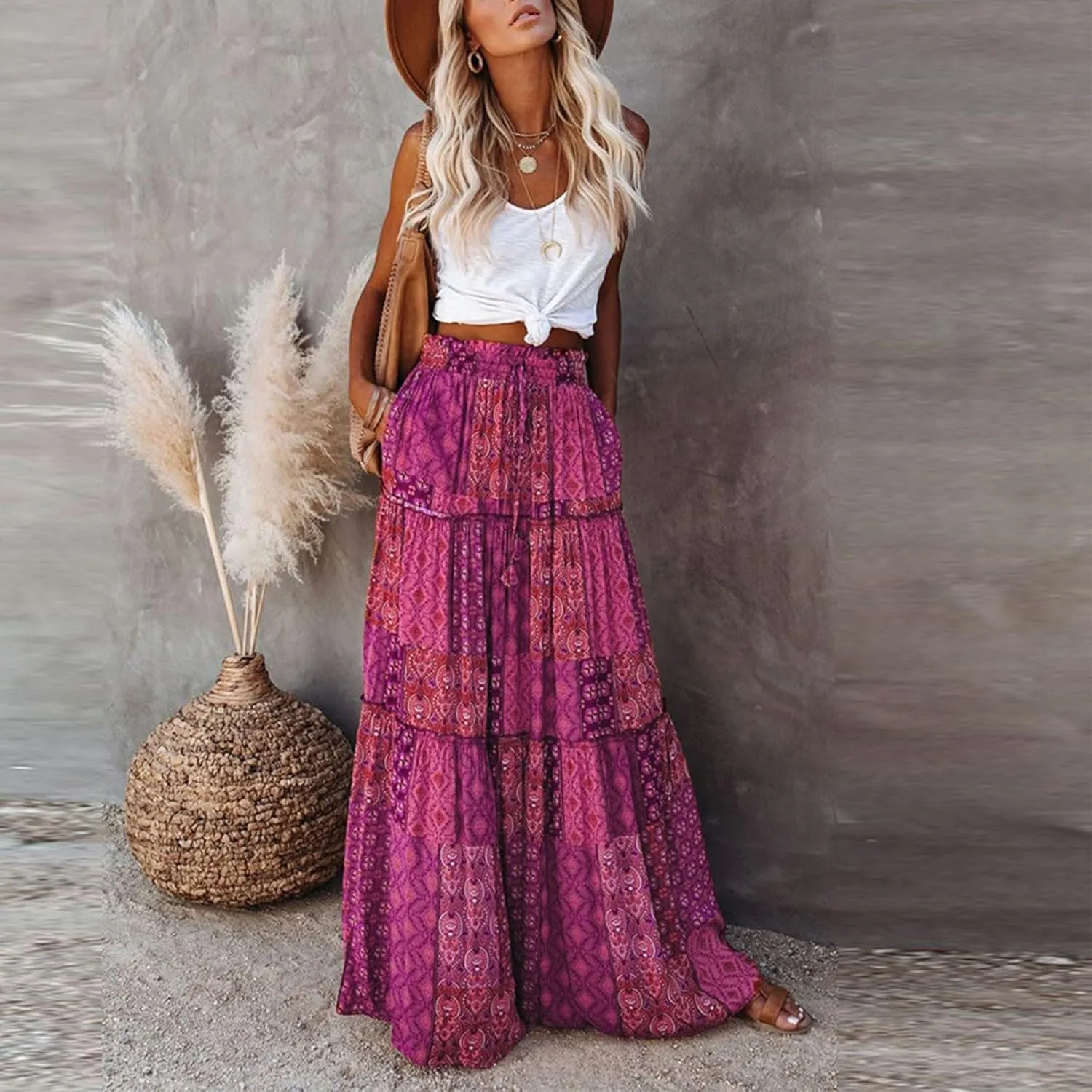Maxi Skirts for Women,Elastic High Waisted Drawstring Ruffle Hem Bohemian Flowy Skirts Trendy 2025 Summer Vacation